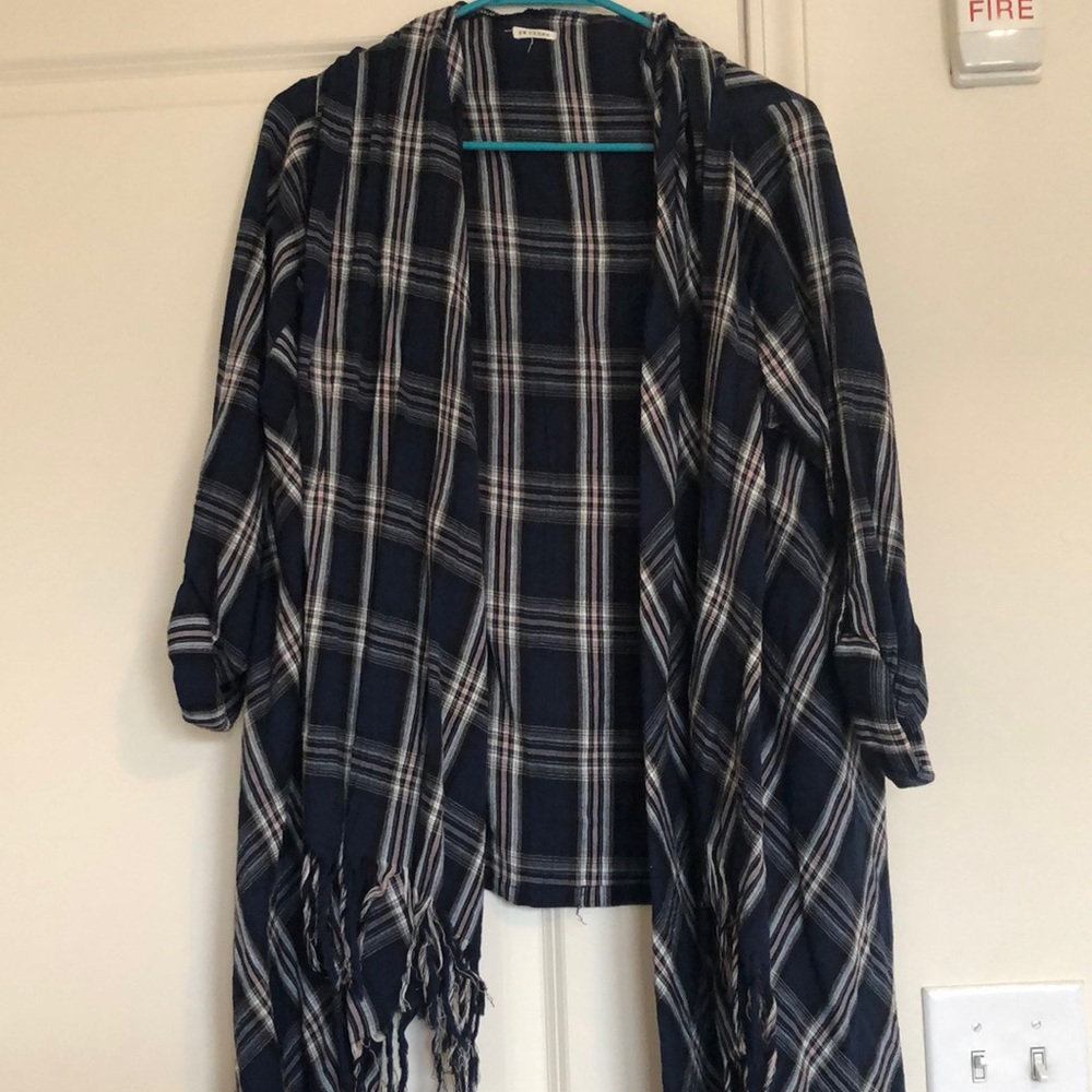 Blue plaid fringe cardigan size M